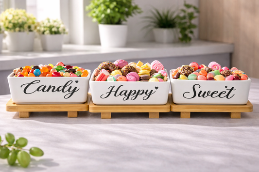Sweet Ceramic Candy Serving Dish with Bamboo Stand – Elegant Snack & Dessert Bowl 1 PC