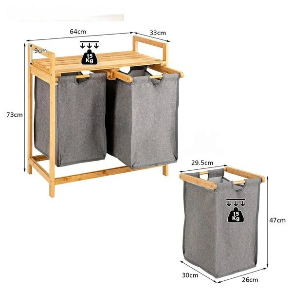 Bamboo Laundry Hamper With Dual Compartments Grey Color