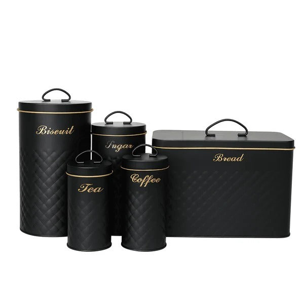5 Pcs Breadbox & Metal Kitchen Jar Set