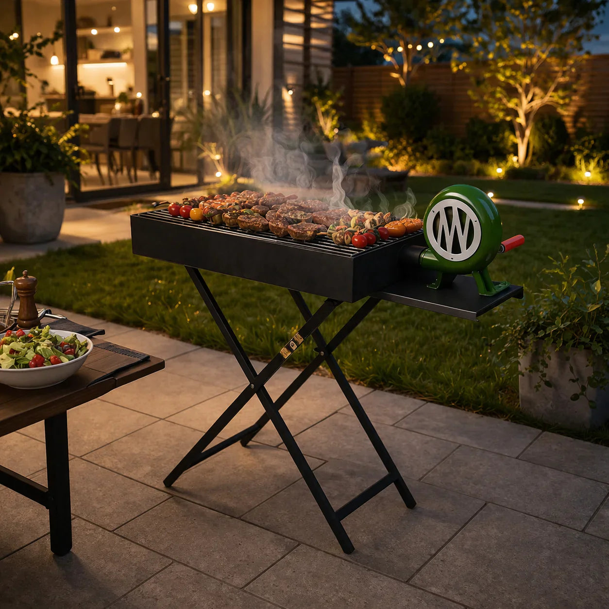 Foldable Charcoal BBQ Grill with Side Fan – Portable Outdoor Barbecue Stand for Camping & Backyard
