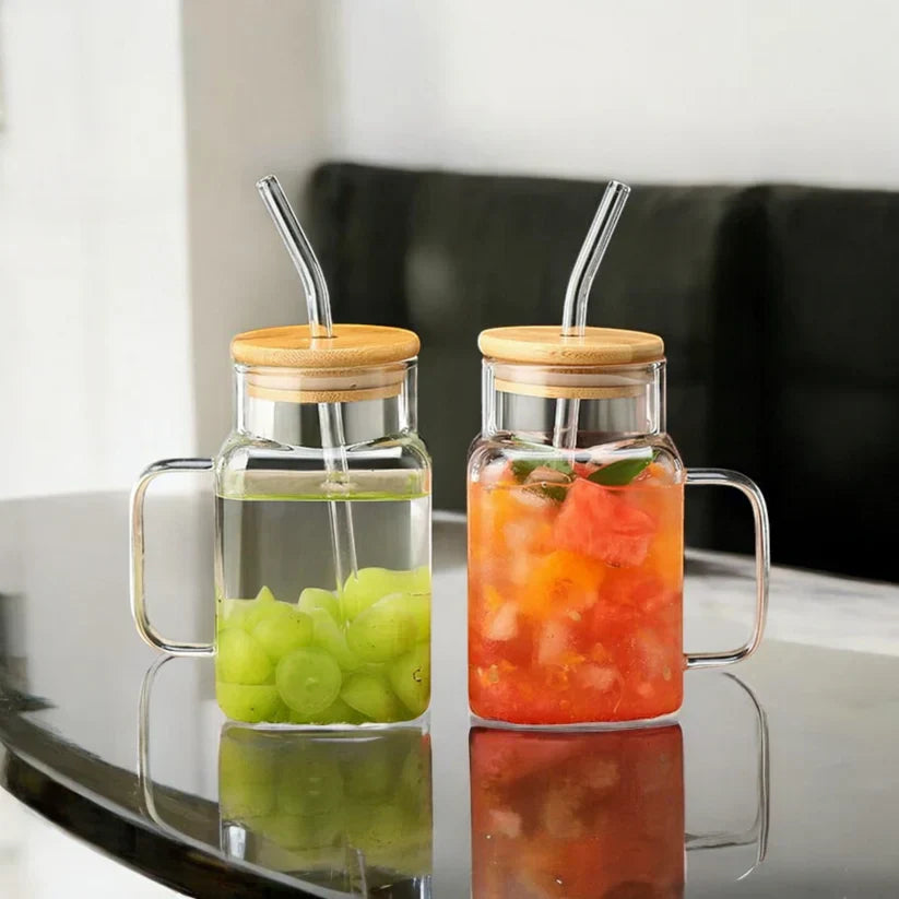 Square Glass Tumbler With Glass Straw