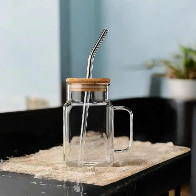 Square Glass Tumbler With Glass Straw