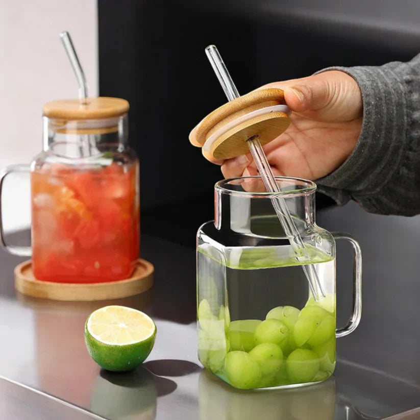 Square Glass Tumbler With Glass Straw
