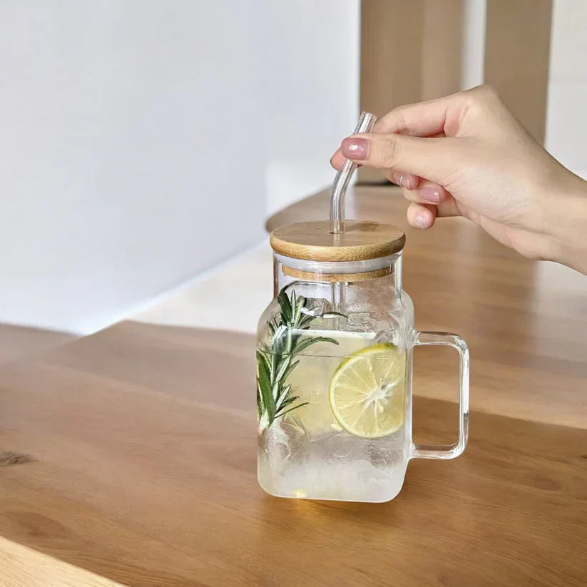 Square Glass Tumbler With Glass Straw