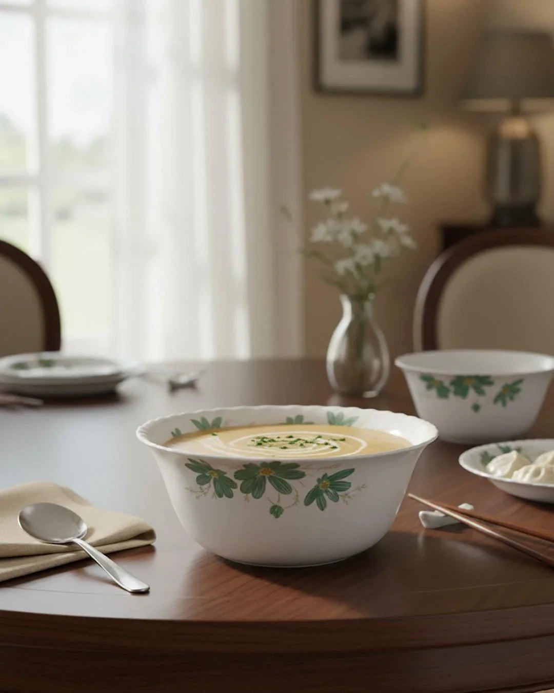 26-Piece Premium Opal Dinner Set – Green Leaf Design