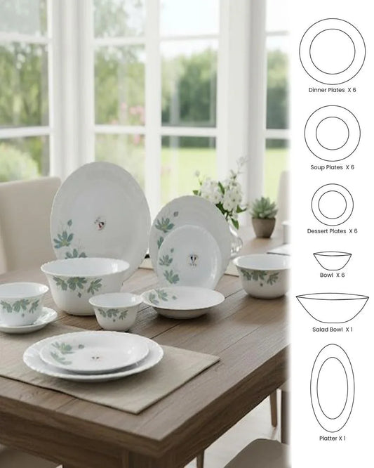 26-Piece Premium Opal Dinner Set – Green Leaf Design