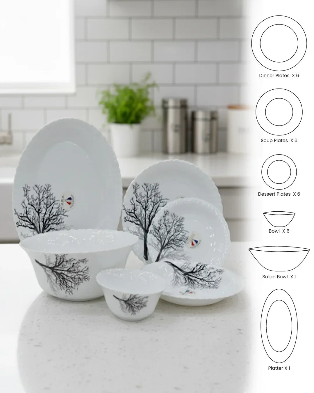 26-Piece Premium Opal Dinner Set – Midnight Tree Design