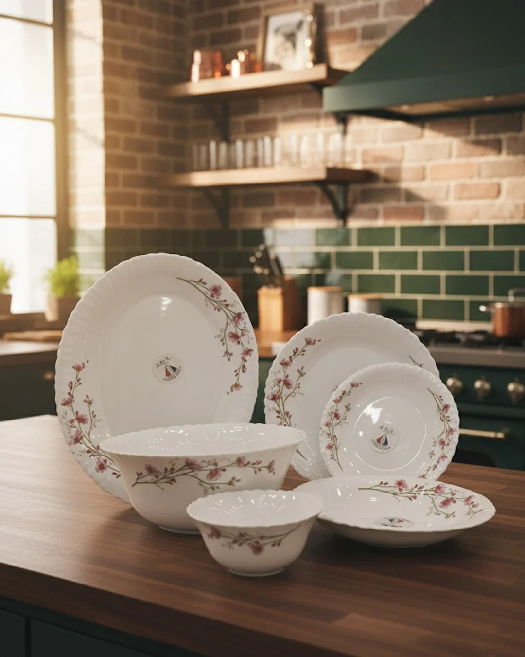 26-Piece Luxury Opal Dinner Set – Red Blossom Design