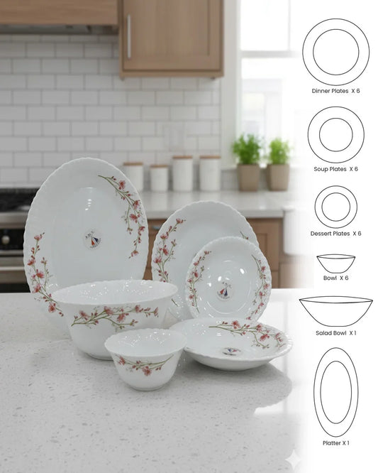 26-Piece Luxury Opal Dinner Set – Red Blossom Design