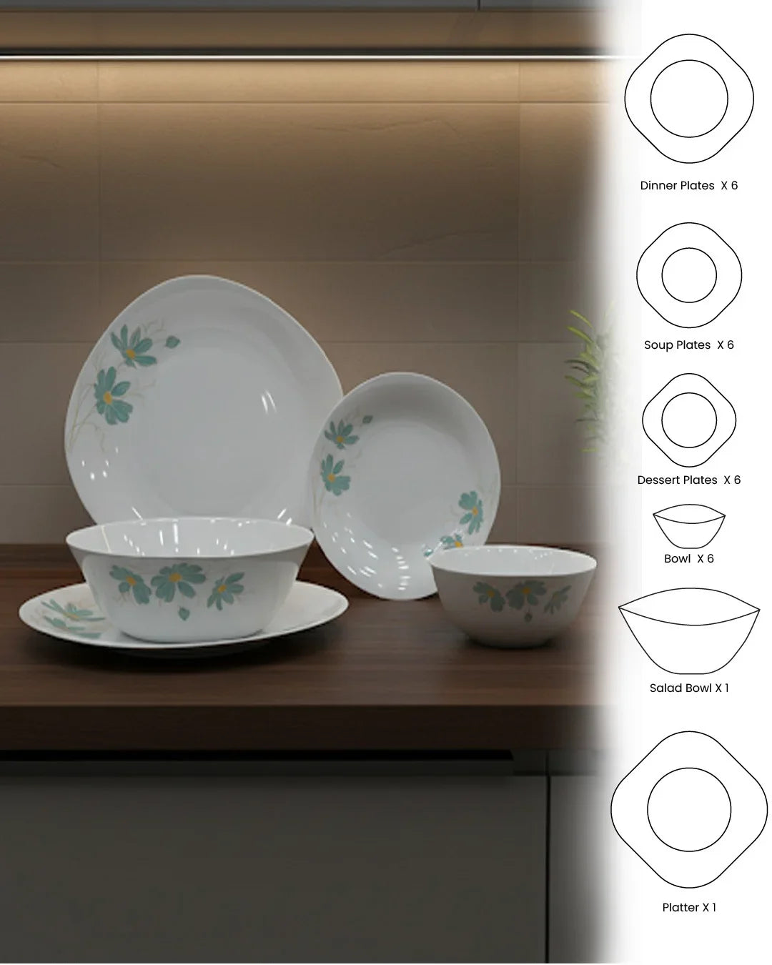 26-Piece Premium Opal Dinner Set – Blue Floral Design