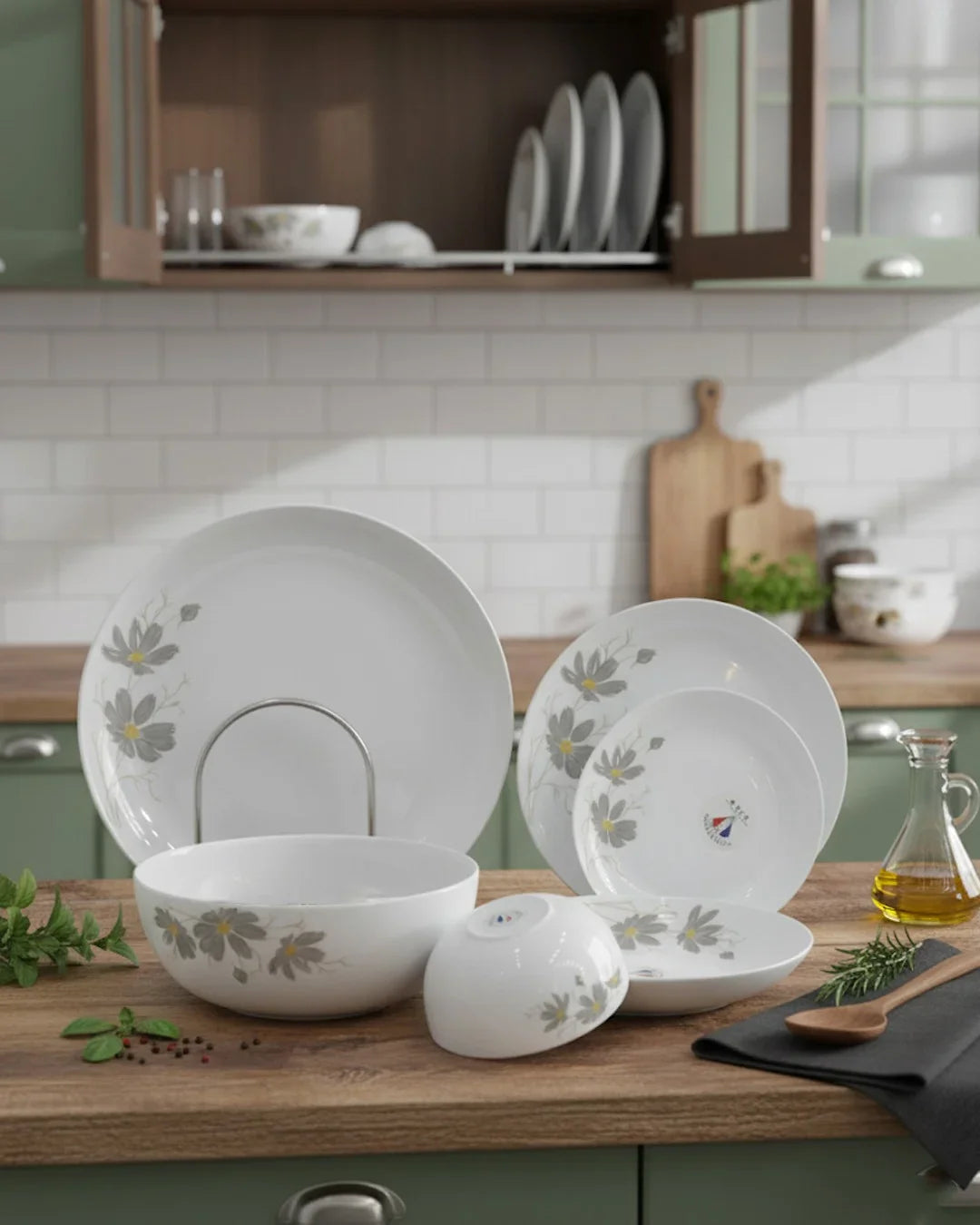 26-Piece Premium Opal Dinner Set – Elegant Grey Floral