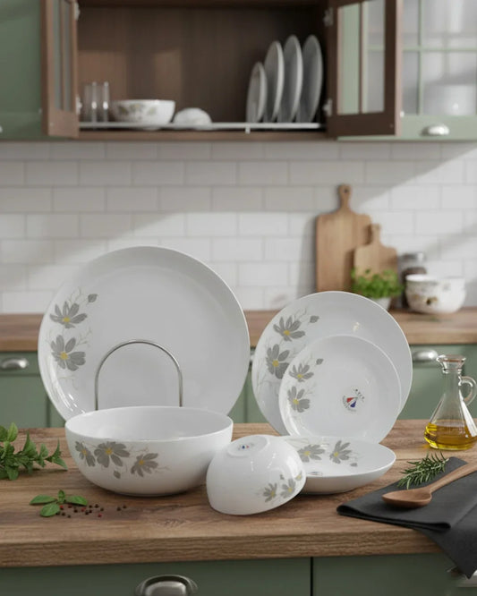 26-Piece Premium Opal Dinner Set – Elegant Grey Floral