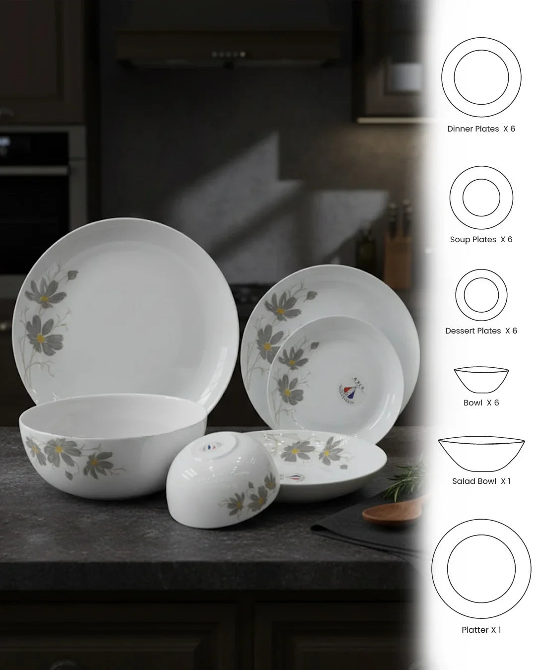 26-Piece Premium Opal Dinner Set – Elegant Grey Floral
