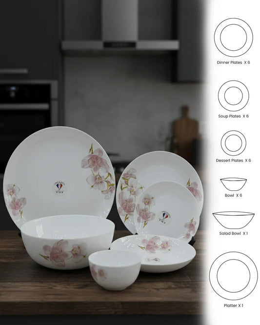 Premium 26-Piece Opal Dinner Set – Pink Floral Design