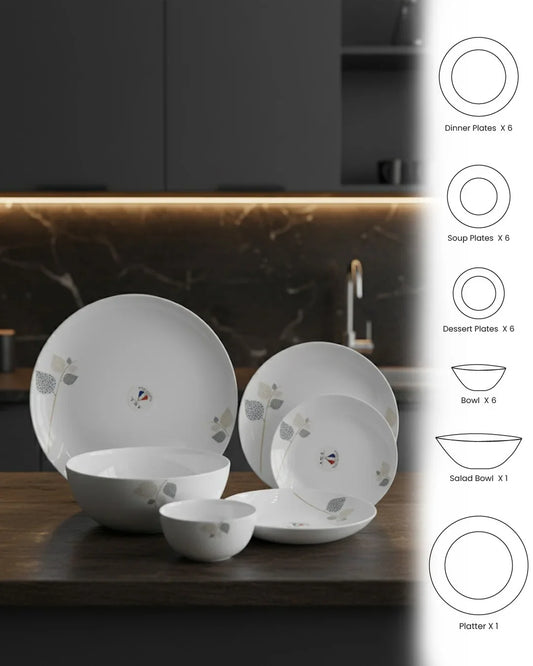 26-Piece Premium Opal Dinner Set – Leaf Pattern Design