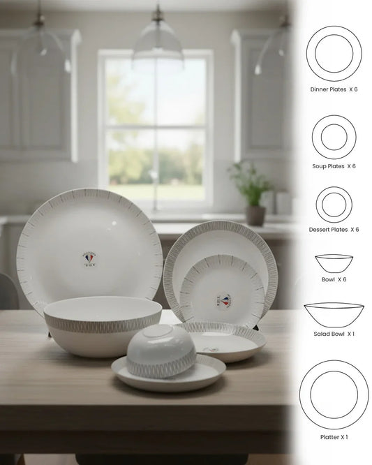 26-Piece Premium Opal Dinner Set – Grey Line Design