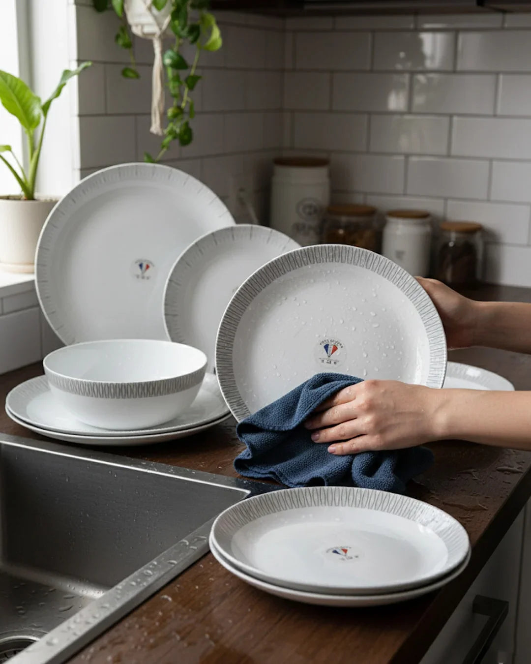 26-Piece Premium Opal Dinner Set – Grey Line Design