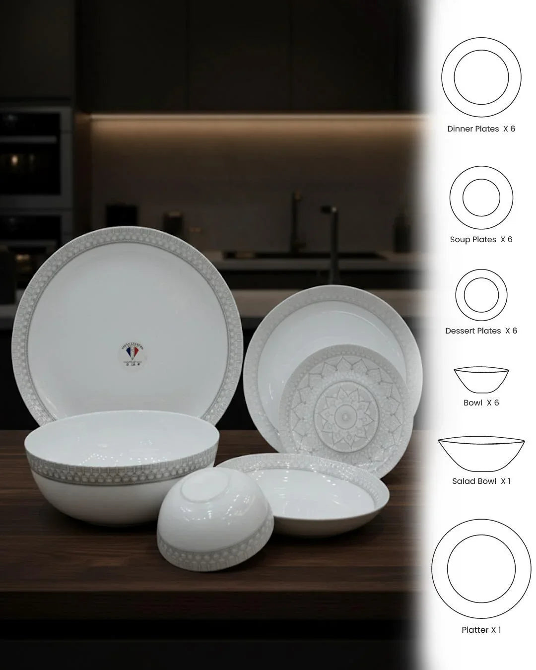 26-Piece Premium Opal Dinner Set – Elegant Grey Geometric Border
