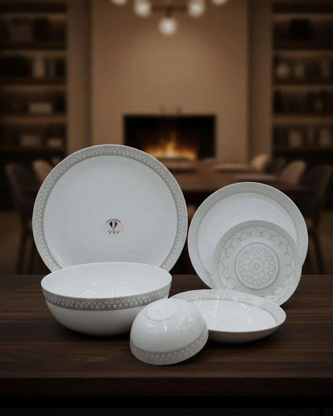 26-Piece Premium Opal Dinner Set – Elegant Grey Geometric Border