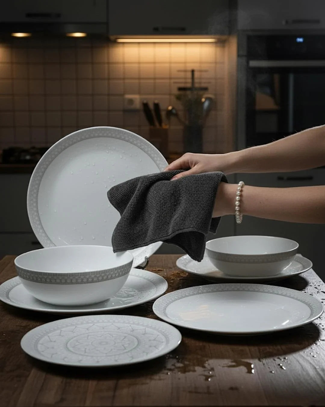 26-Piece Premium Opal Dinner Set – Elegant Grey Geometric Border