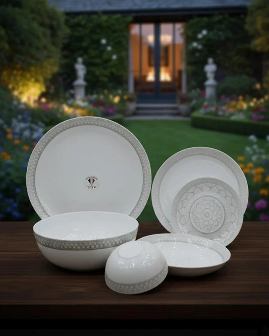 26-Piece Premium Opal Dinner Set – Elegant Grey Geometric Border