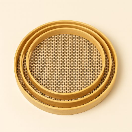 3PCS Round Bamboo & Rattan Serving Tray Set