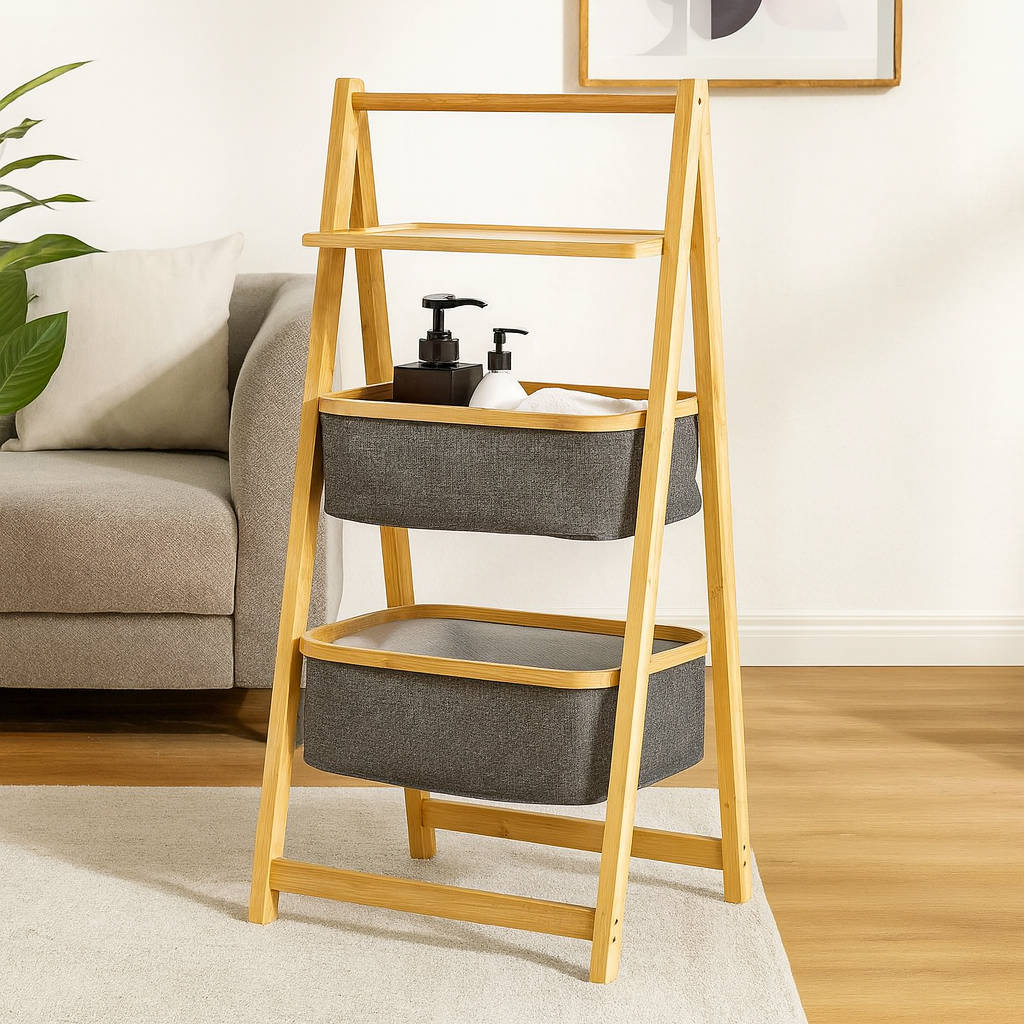 2 Tier Laundry Hamper With Shelf-Natural