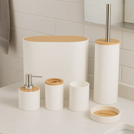 Luxury Modern White Bathroom Accessory Set with Bamboo Accents