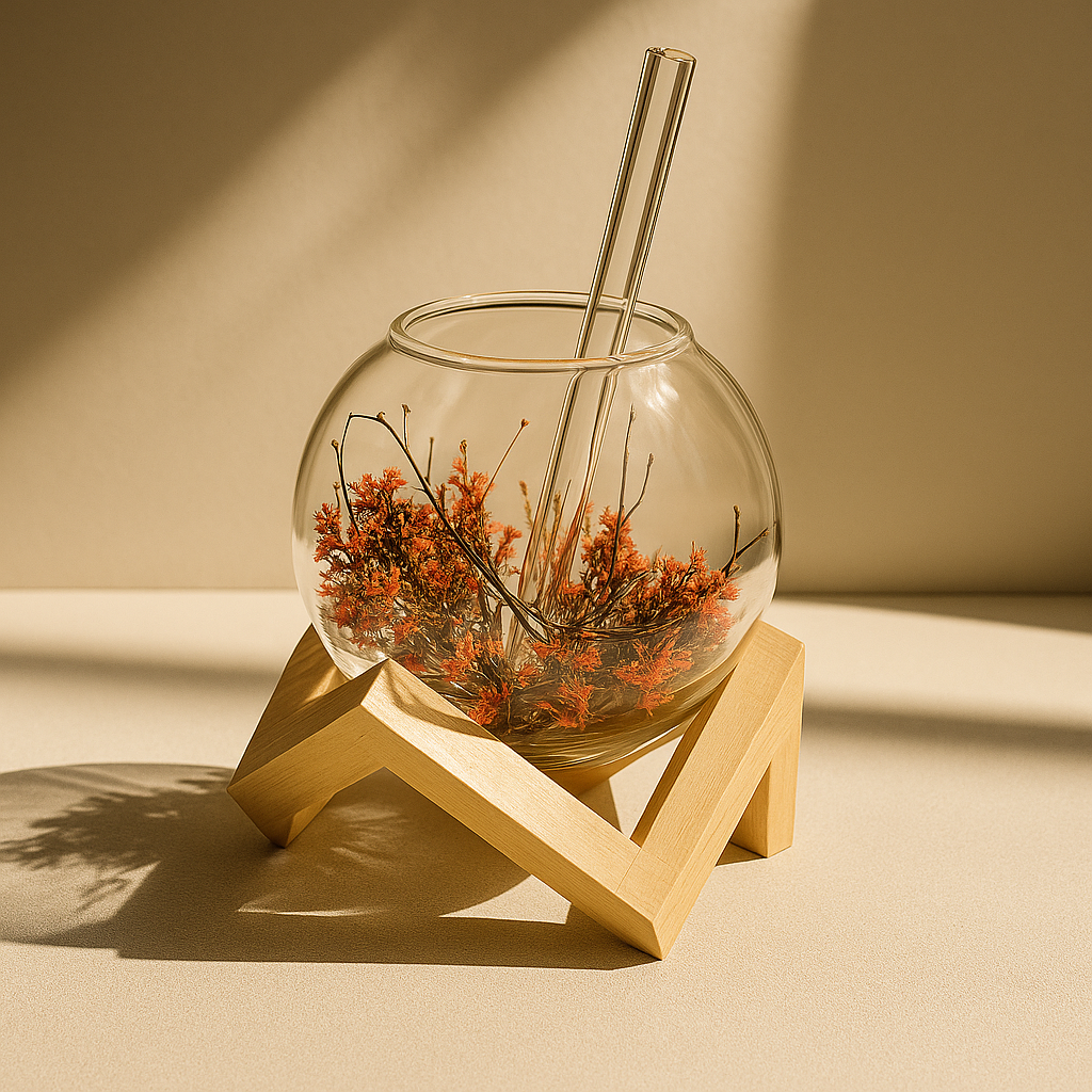 Dried Flower Double-Walled Lunar Cocktail Glass With Stand & Glass Straw – 250ml