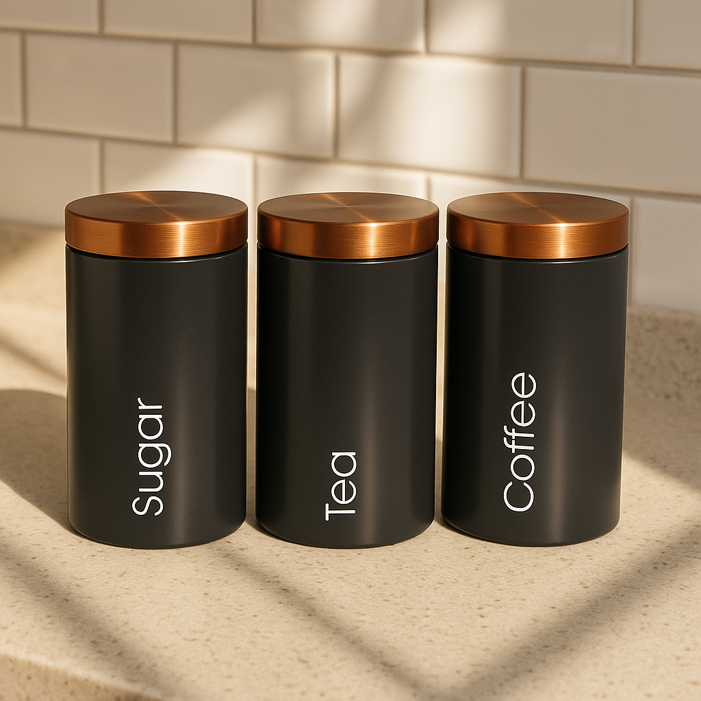 3 Pcs Coffee, Sugar, Tea Matte Black Metal Kitchen Storage Canisters