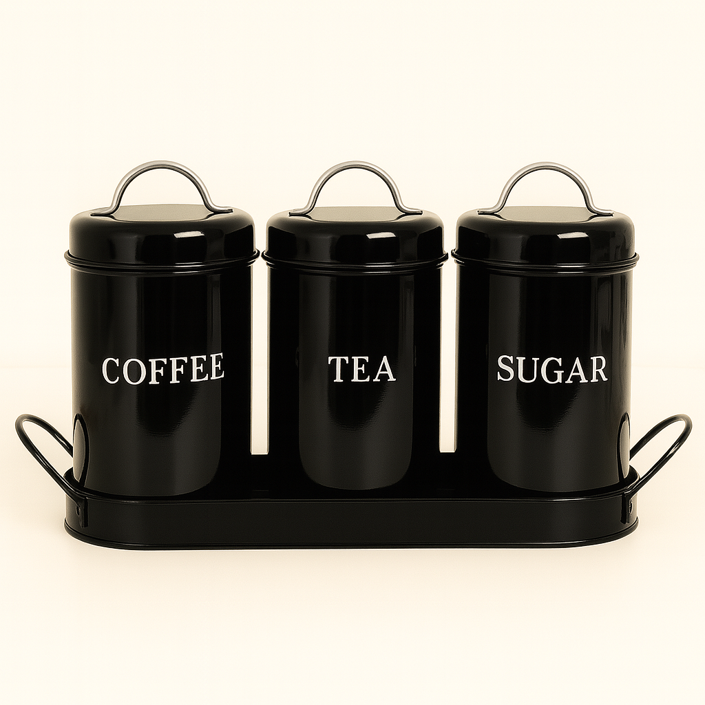 Coffee, Tea, Sugar Metal Jar Set With Tray