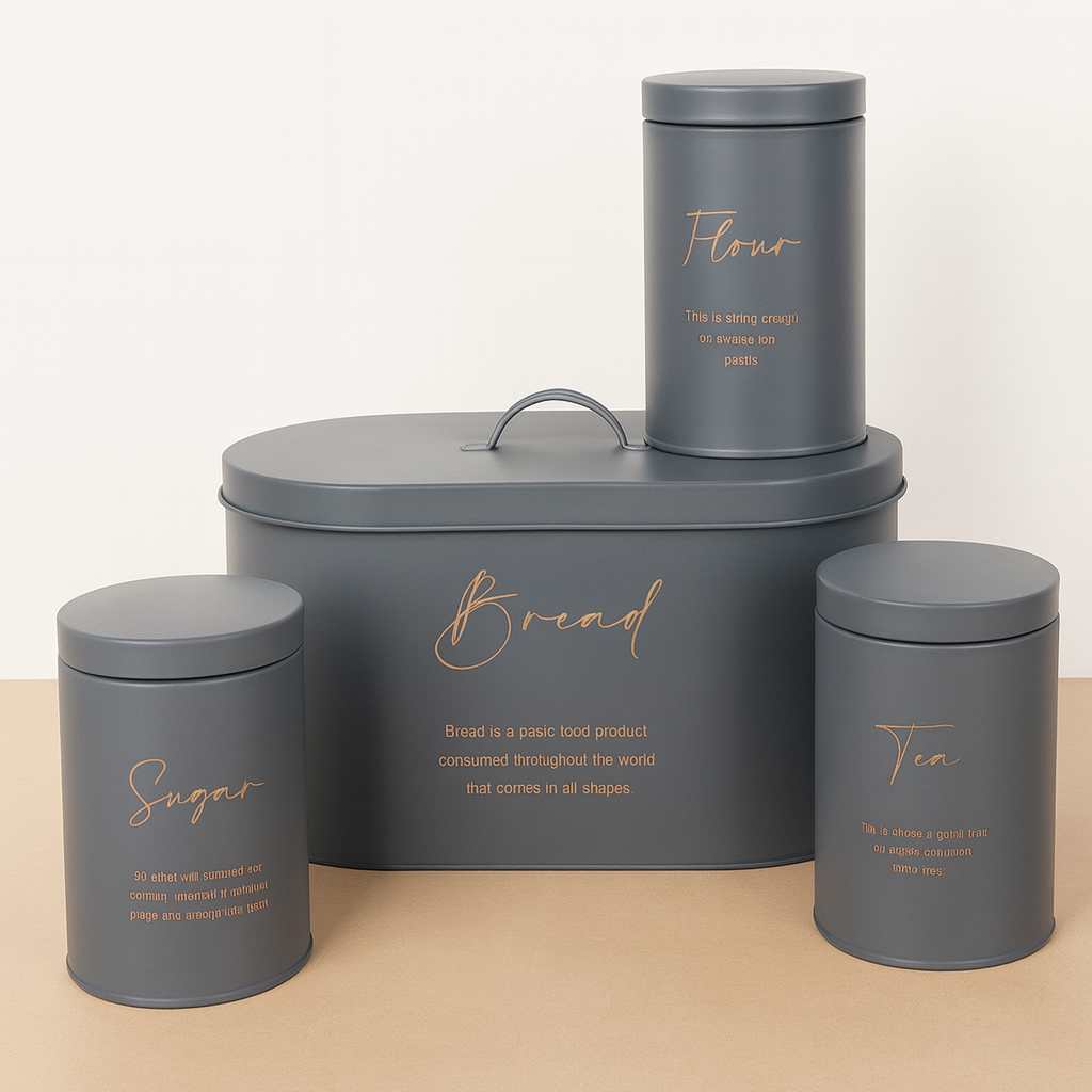 4-Piece Metal Bread Box and Canister Set - Grey