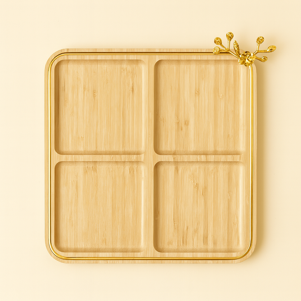 Luxury Square Bamboo Divided Portions Serving Tray With Golden Accent