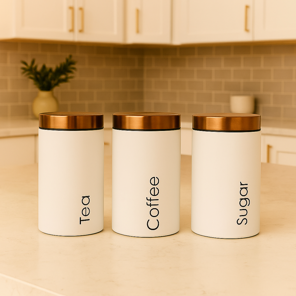 Sugar Tea Coffe 3 Pcs Matte White Metal Kitchen Storage Canisters