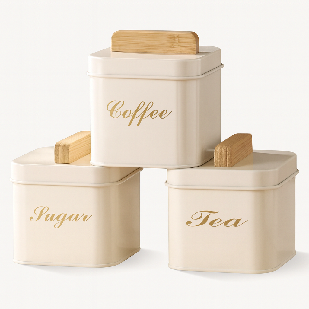 Coffee, Sugar & Tea Square Metal Sugar Canister Set with Bamboo Lids - White