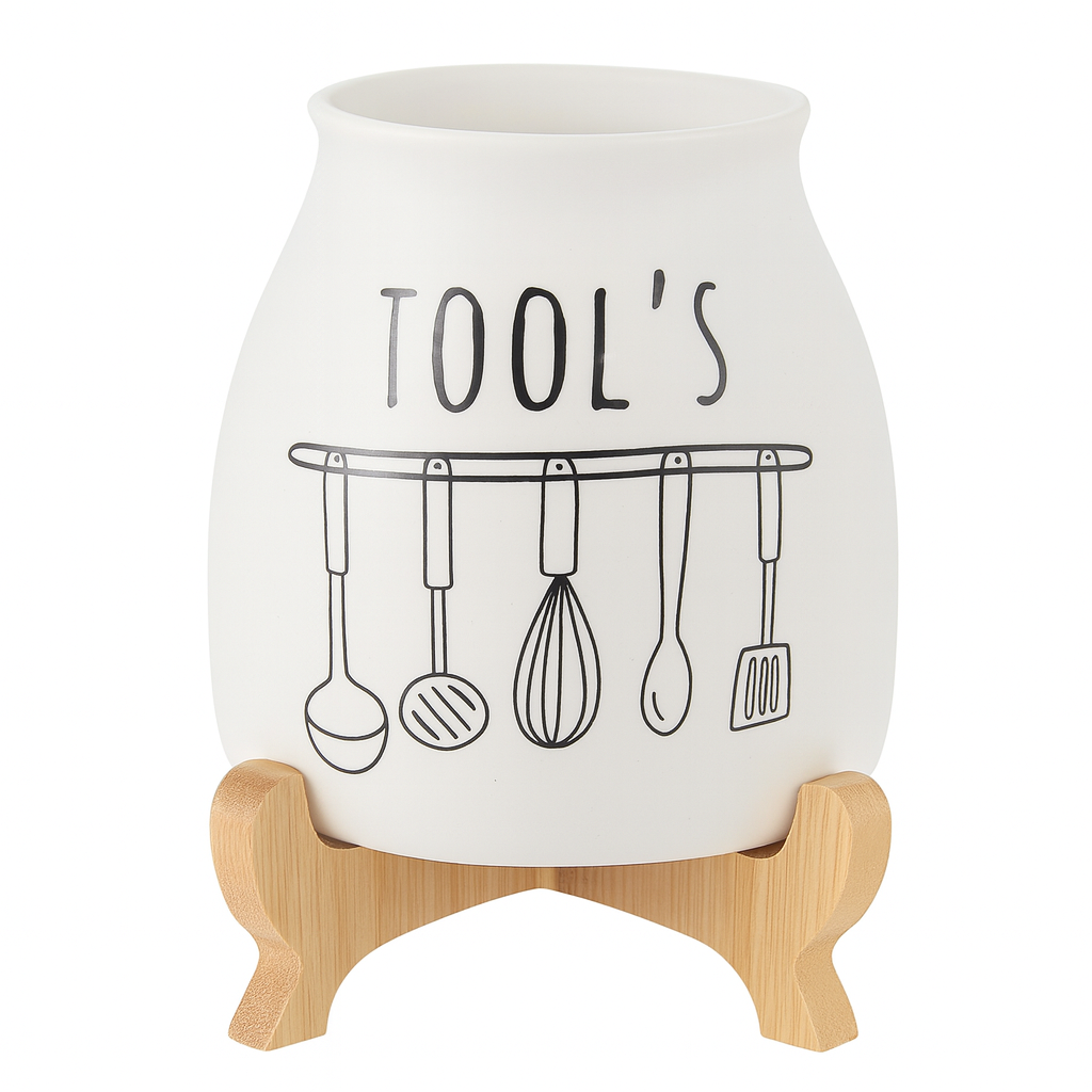 Porcelain Cutlery Holder With Bamboo Stand
