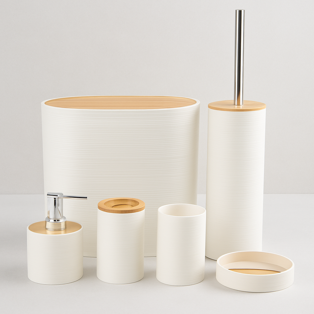 Luxury Modern White Bathroom Accessory Set with Bamboo Accents