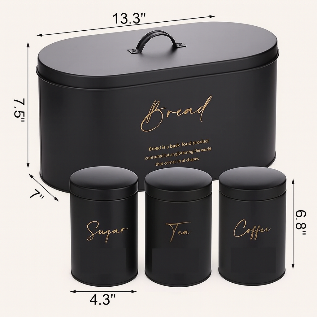 4-Piece Metal Bread Box and Canister Set - Black