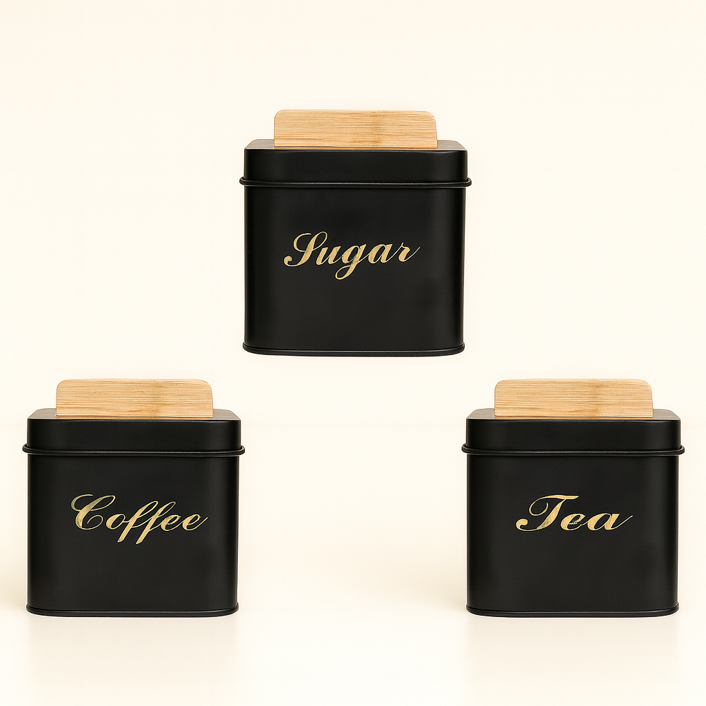Sugar, Coffee & Tea Square Metal Sugar Canister Set with Bamboo Lids - Black