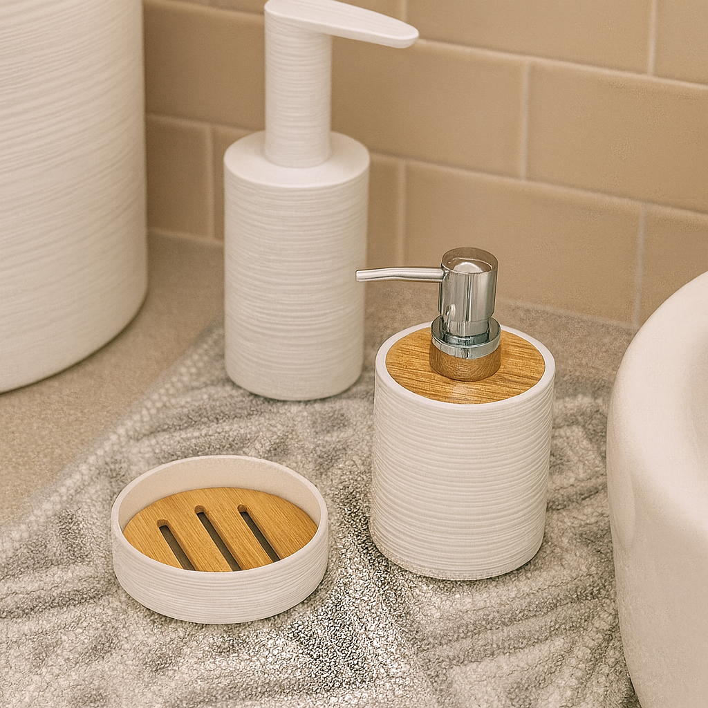 Luxury Modern White Bathroom Accessory Set with Bamboo Accents