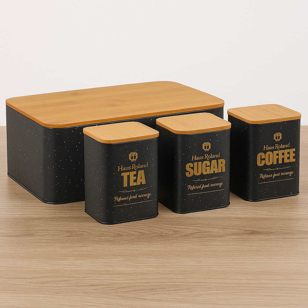 HausRoand Luxury Bread Box With 3 PCS Jar Set - Black
