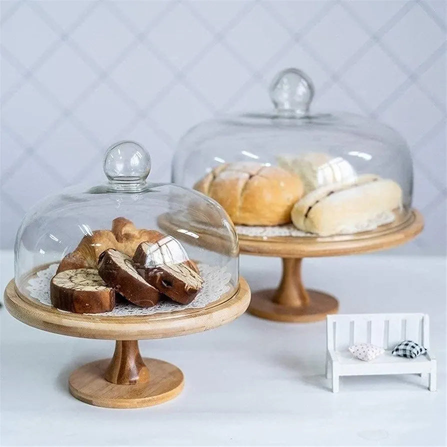 Wooden cake stands with a Glass dome