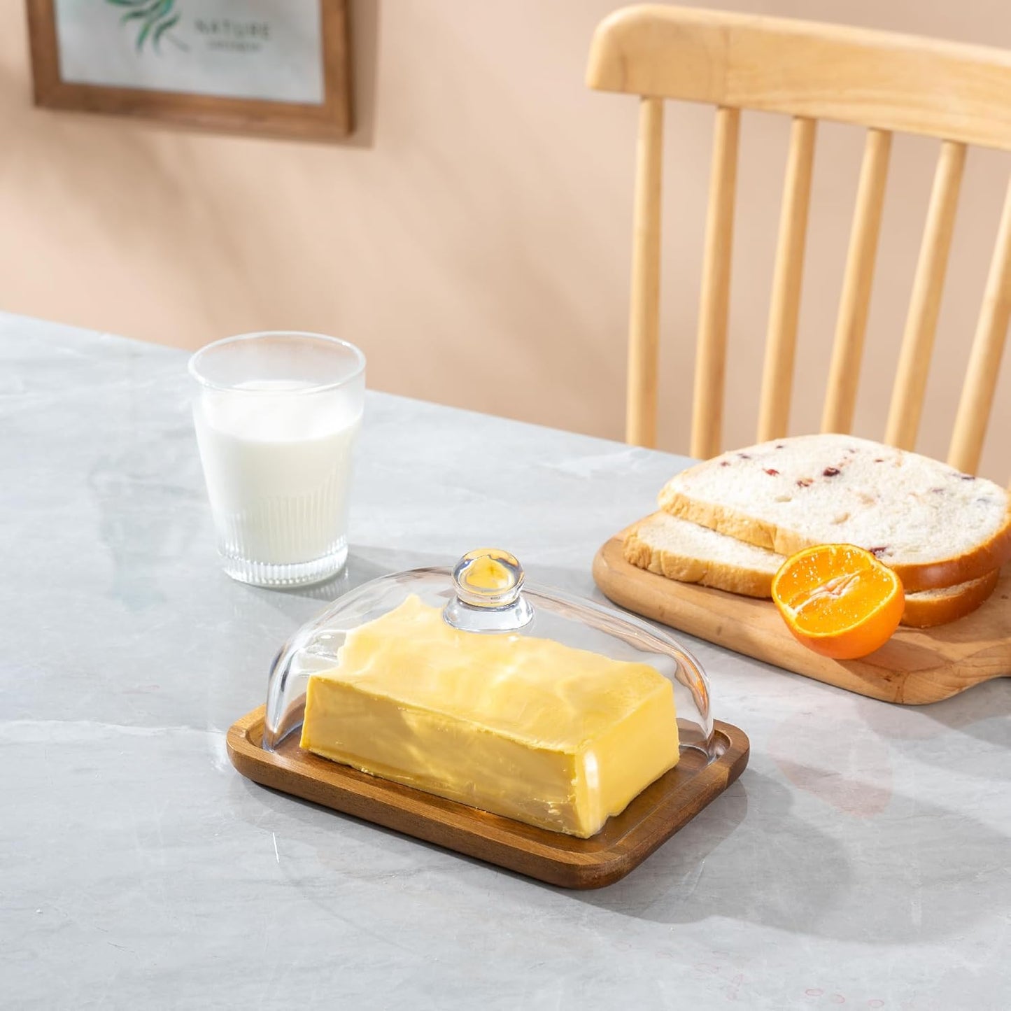Premium Glass Material Butter Dish With Bamboo Tray