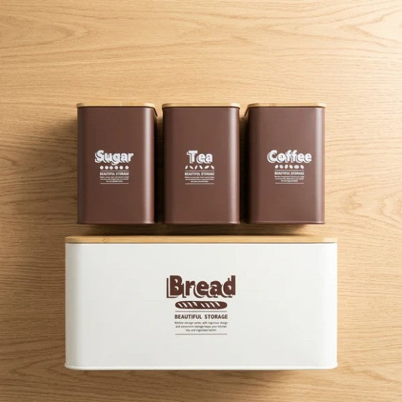 Vintage Style 4 PCS Coffee, Sugar, Tea Jars & Breadbox White & Brown