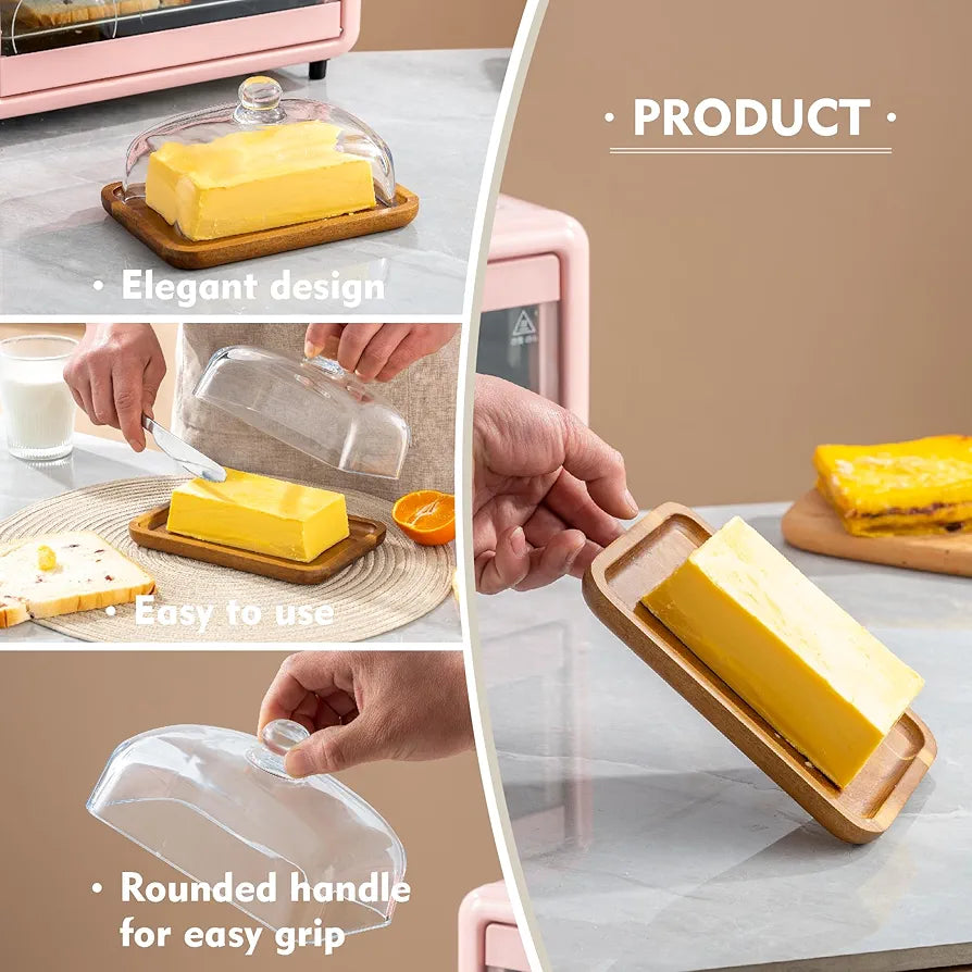 Premium Glass Material Butter Dish With Bamboo Tray