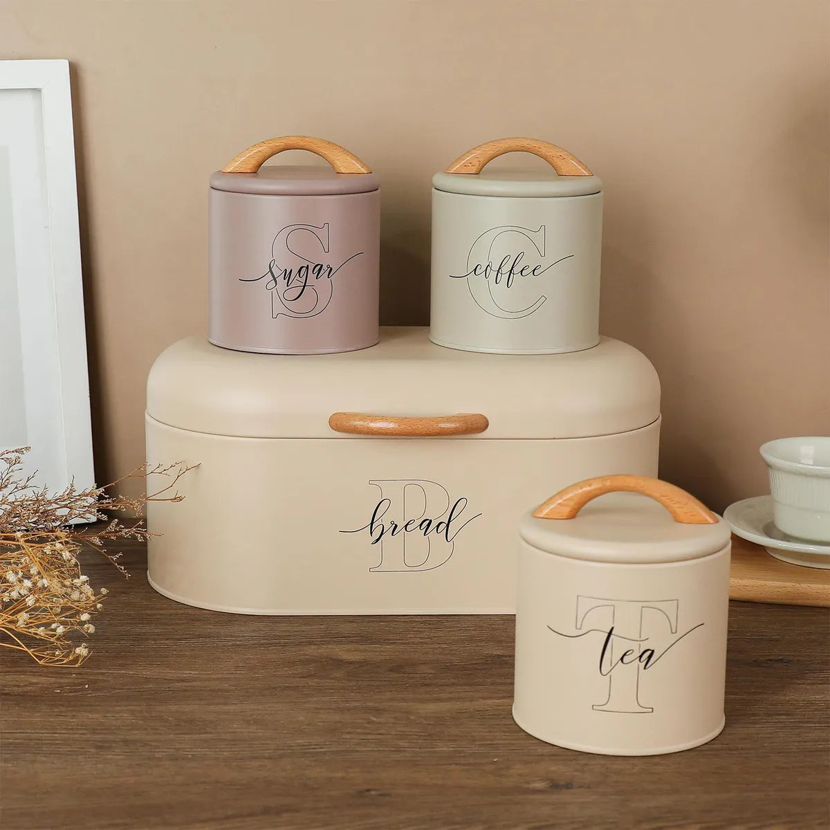 4 Pieces Tea, Coffee, Sugar Jars With Bread Box