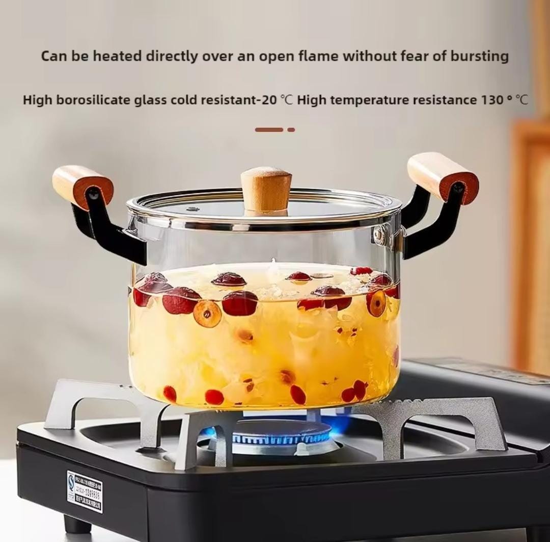 Heat-Resistant Borosilicate Glass Cooking Pot With Wooden Handles
