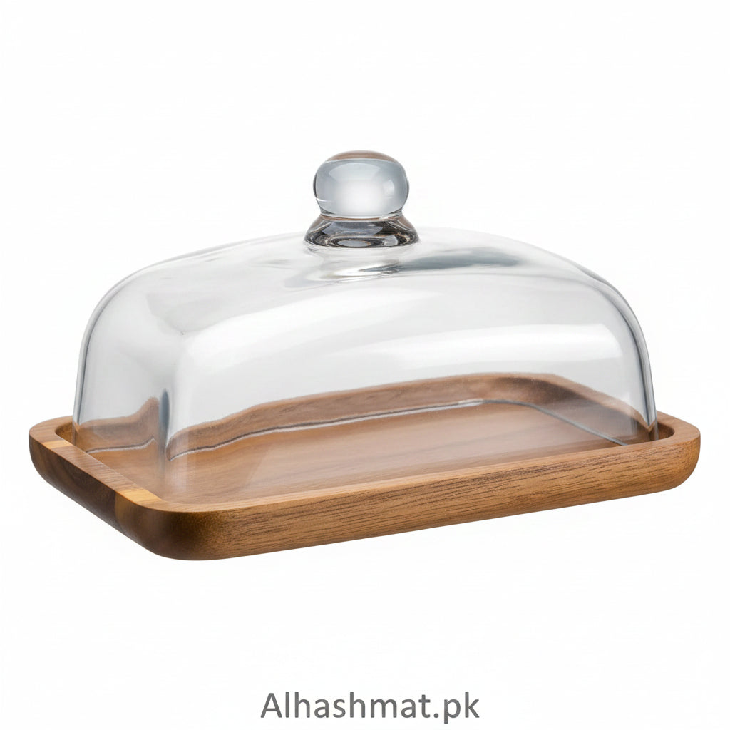 Premium Glass Material Butter Dish With Bamboo Tray