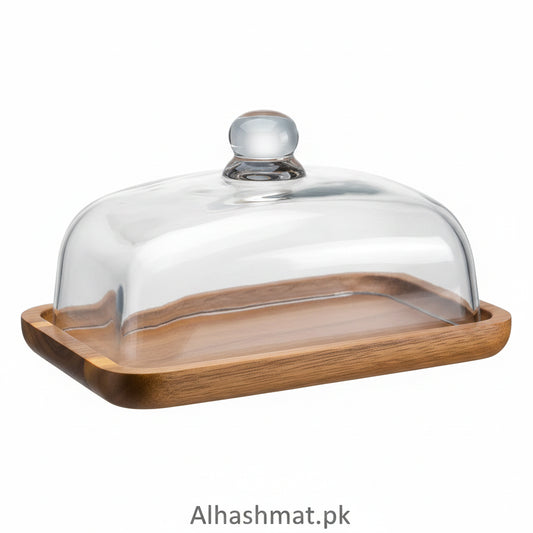 Premium Glass Material Butter Dish With Bamboo Tray