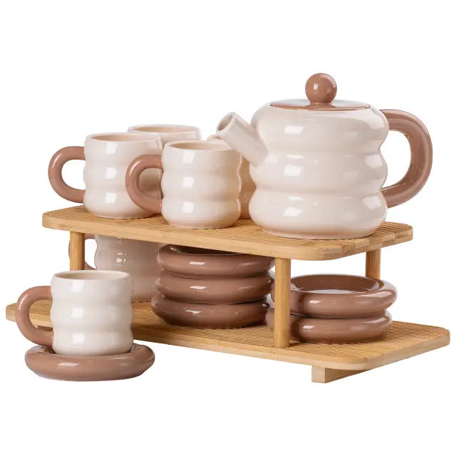 13 PCS Donut Ceramic Tea Set With Bamboo Stand For 6 Persons White & Beige
